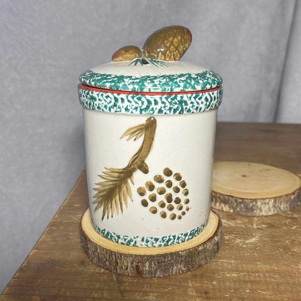 VTG Ceramic Ganz Pinecone Canister with the rare green sponged hand painted